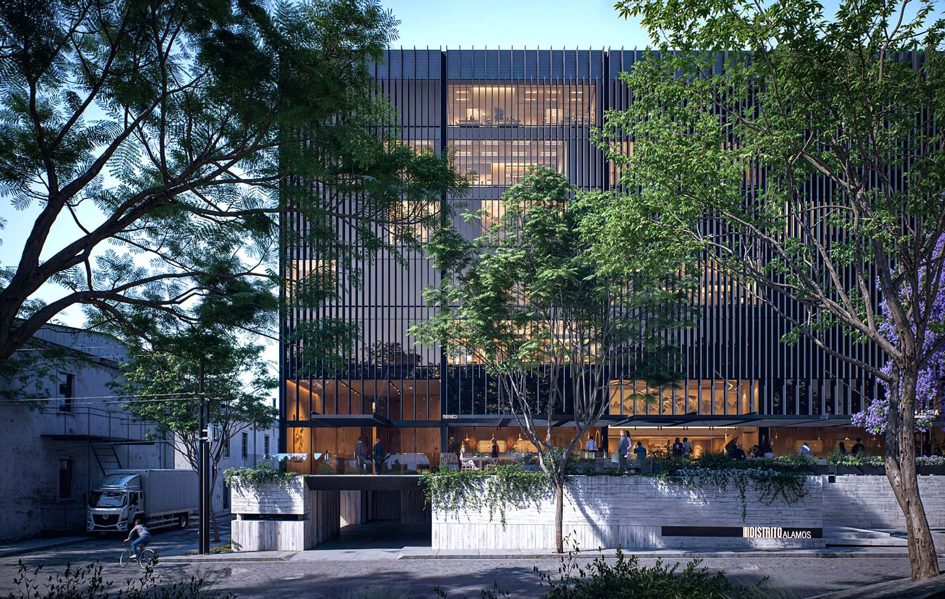 Fachada principal en vista frontal de Distrito Álamos