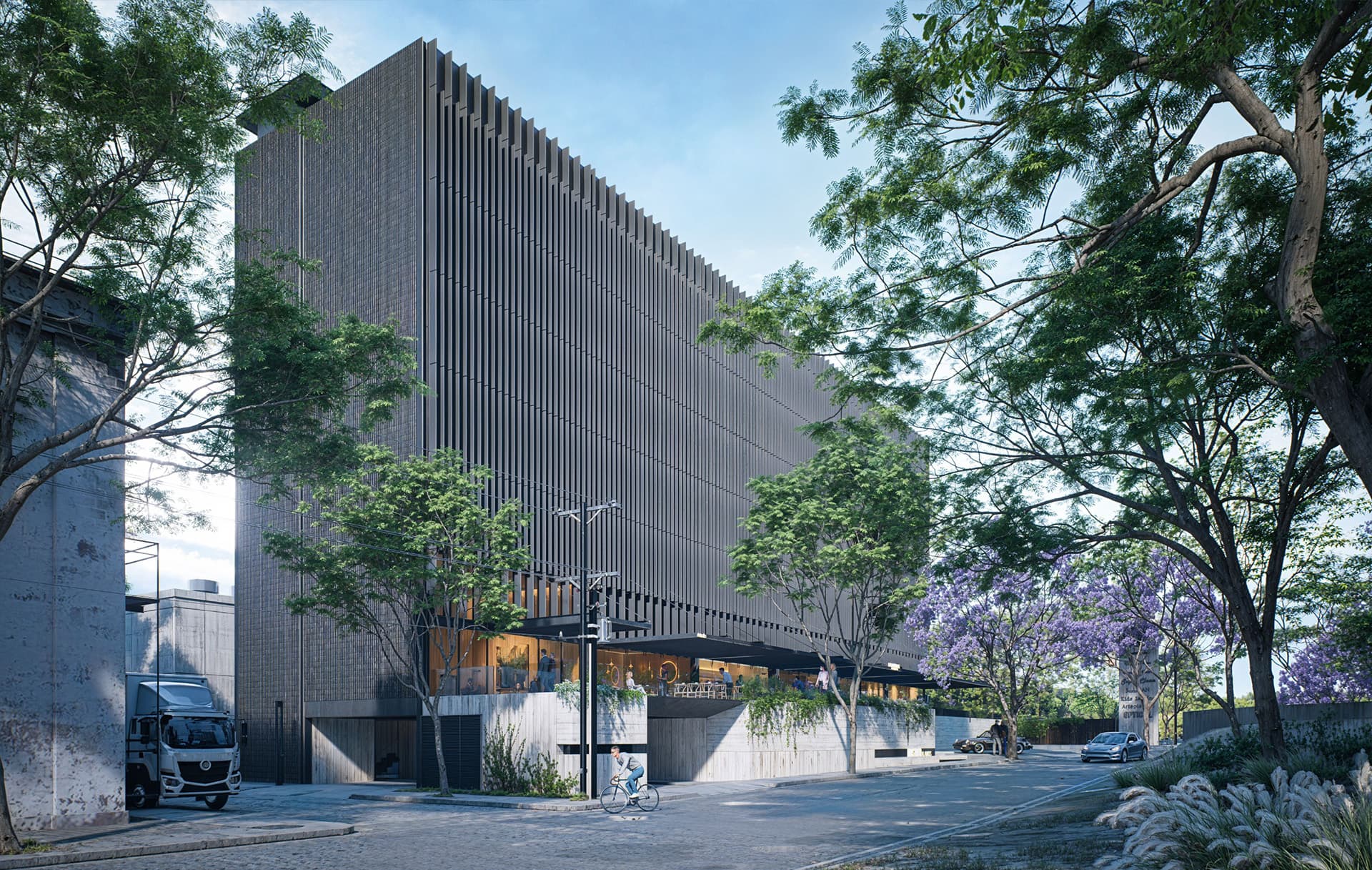 Fachada 3/4 de Complejo Distrito Álamos