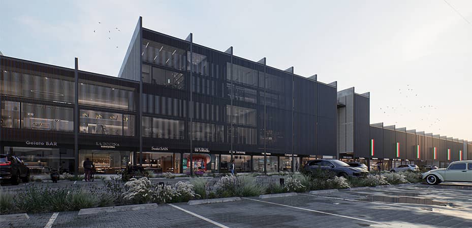 Fachada pincipal con vista a 3/4 de Distrito Marqués 2