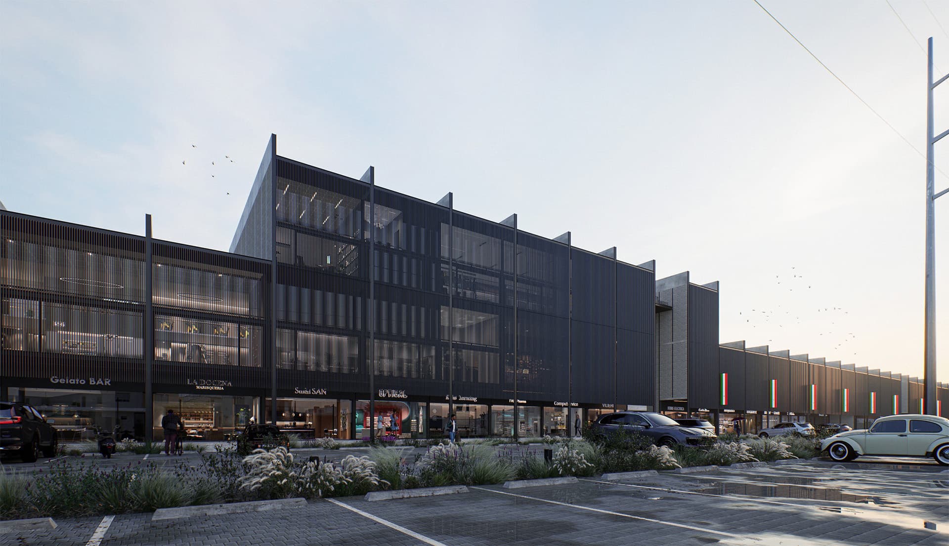 Fachada frontal de plaza comercial Distrito Marques II