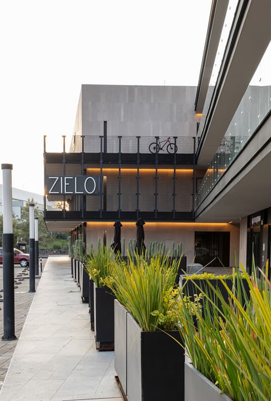 Fachada de Plaza Zielo con plantas en primer plano