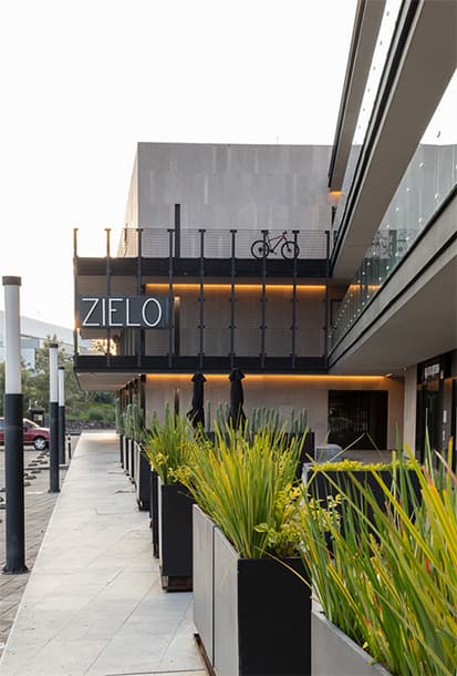 Fachada de Plaza Zielo con plantas en primer plano